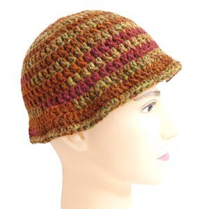 Brown Tan Bucket Winter Cap Striped Hat Handmade Crochet Hand Knit NWT